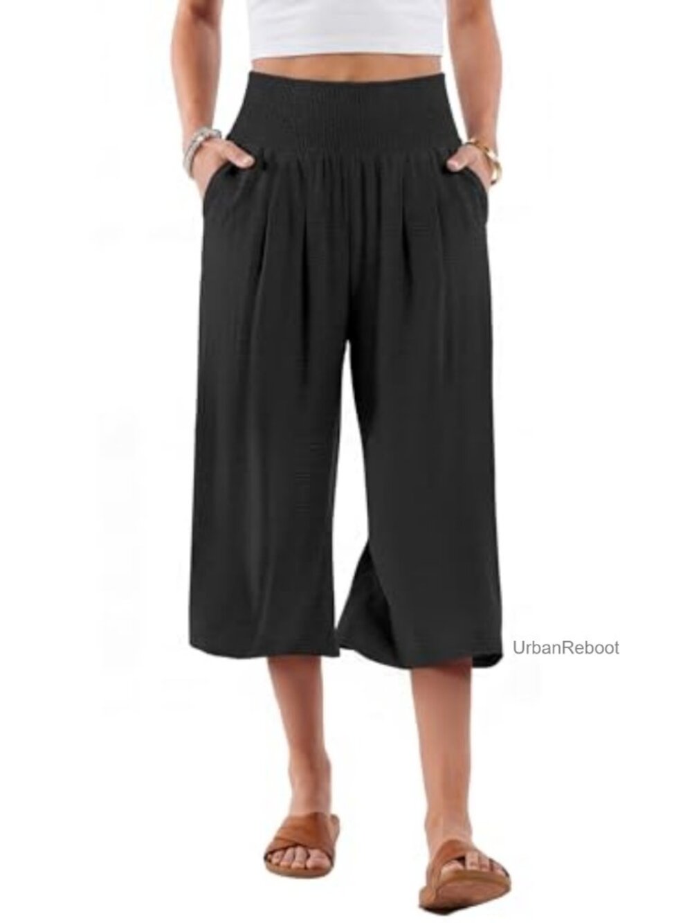 Women's Wide Leg Crop Pants Smocked High Waist Pockets Summer